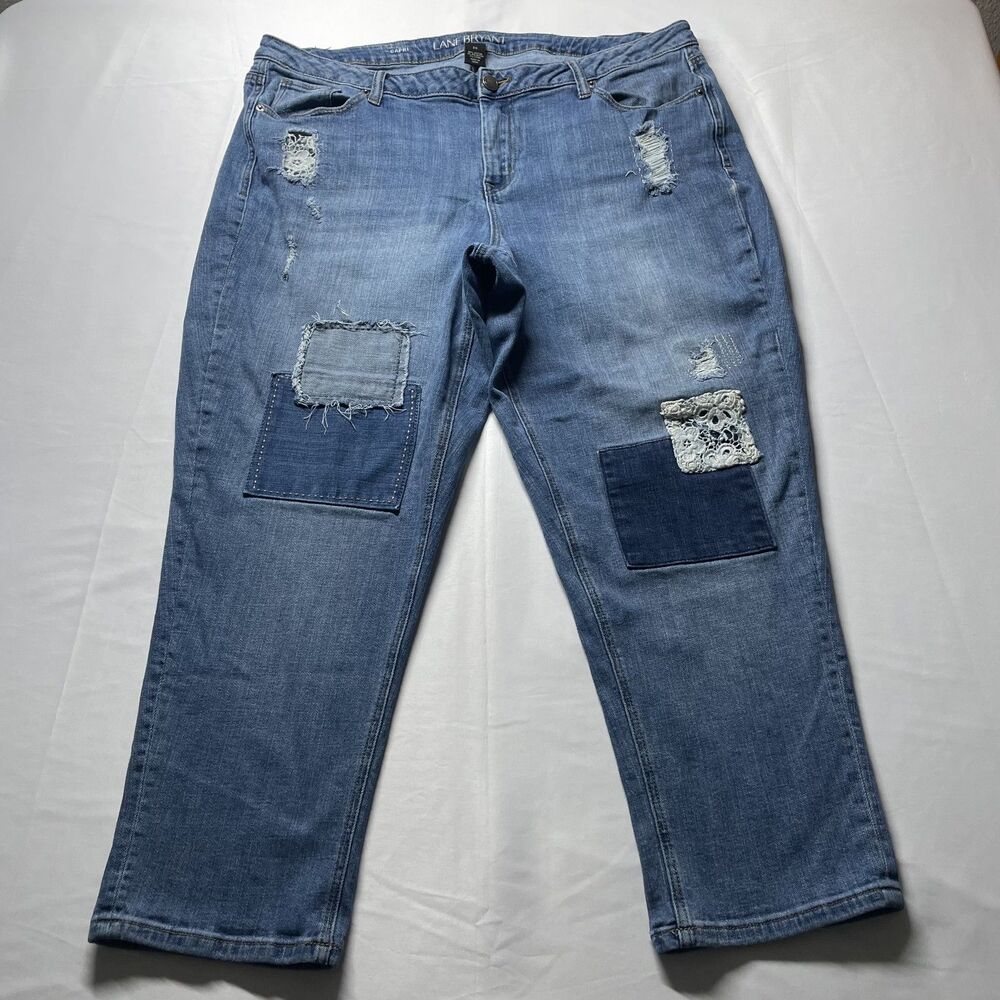 Lane Bryant Capri Distressed Patchwork Denim Jeans Blue Women Size 20